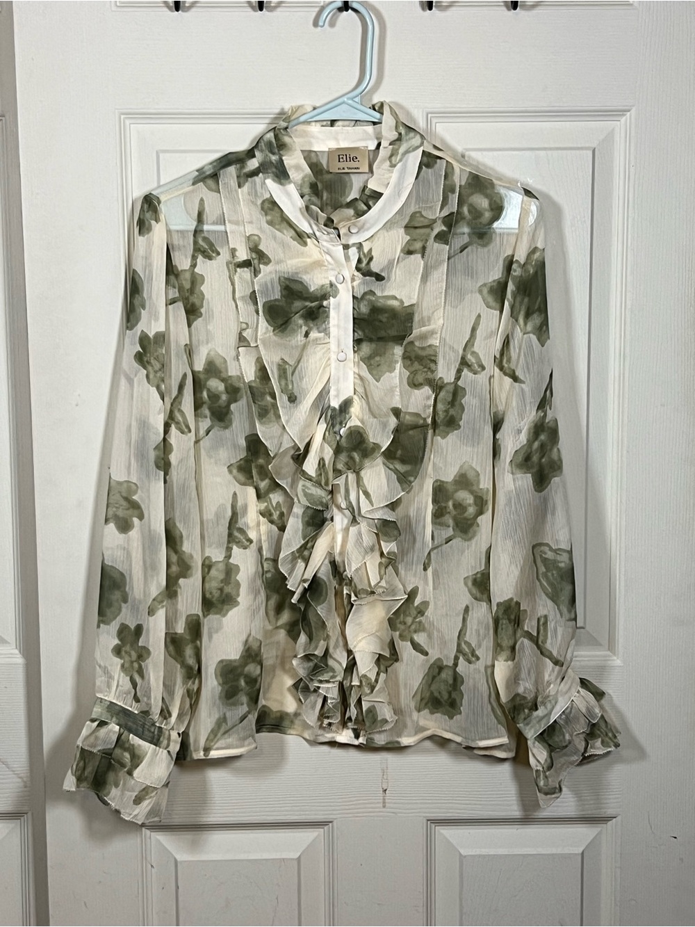 Elie Tahari Abstract Floral Chiffon Blouse Ruffle Accent Sage Green, XL